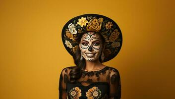 Portrait of a beautiful woman with sugar skull makeup over yellow background. AI Generated. photo