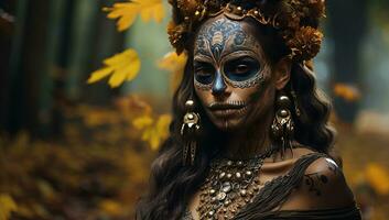 hermosa mujer con azúcar cráneo maquillaje en el otoño bosque. día de el muerto. ai generado. foto