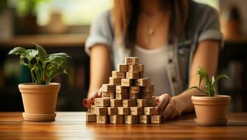 Woman stacking wooden blocks with green plant on table in cafe, closeup. AI Generated. photo