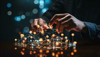 Businessman working on virtual screen with global network connection concept. AI Generated. photo