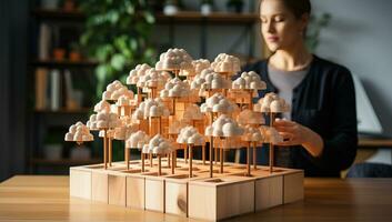 Conceptual image of cloud storage. Model of a lot of clouds on the table. AI Generated. photo