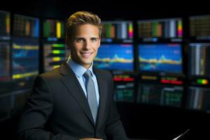 Portrait of smiling businessman sitting at desk in office against stocks and shares. AI Generated. photo