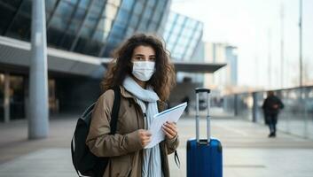 Young woman in a medical mask with a backpack on the background of the city. AI Generated. photo