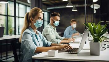 selective focus of businesswoman in medical mask using laptop while colleagues working in office. AI Generated. photo