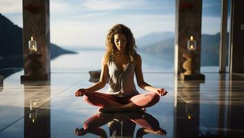 Young woman practicing yoga in the lotus position on the sea background. AI Generated. photo
