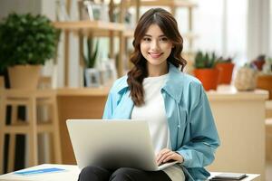 Young woman with laptop in office. Work from home concept, asian. AI Generated. photo