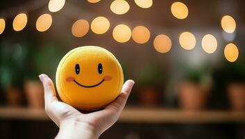 mano participación un amarillo macarrón con un sonriente rostro. ai generado. foto