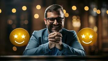 smiling businessman in eyeglasses with glowing emoticons. AI Generated. photo