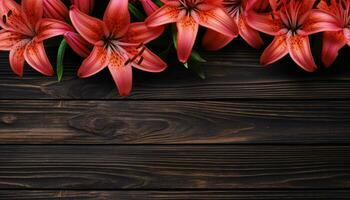 Beautiful lily flowers on wooden background, top view. Space for text. AI Generated. photo