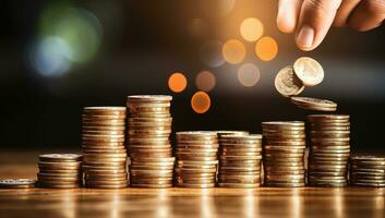 Coins stacked on each other with bokeh background, business growth concept. AI Generated. photo