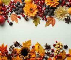 otoño antecedentes con hojas, bayas, bayas y especias en blanco. ai generado. foto