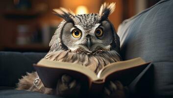 Owl reading a book on the sofa in the living room. AI Generated. photo