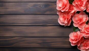 Beautiful artificial flowers on brown wooden table, flat lay. Space for text. AI Generated. photo