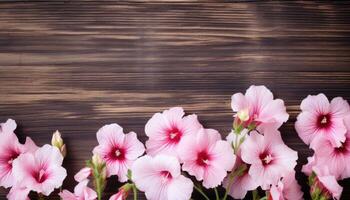 Pink flowers on wooden background. Top view with copy space for your text. AI Generated. photo