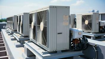 Air conditioner on the roof of the building. Air conditioning system. AI Generated. photo