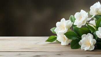 White jasmine flowers on wooden table with copy space for text. AI Generated. photo