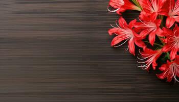 Red Amaryllis flowers on wooden background. Top view. AI Generated. photo