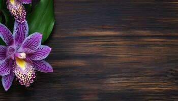 Orchid flower on wooden background. Top view with copy space. AI Generated. photo