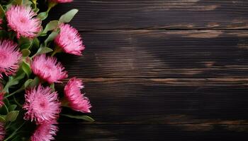 Pink flowers on dark wooden background. Top view with copy space. AI Generated. photo