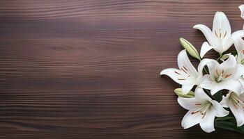 White lily flowers on wooden background. Top view with copy space. AI Generated. photo