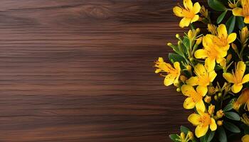 Yellow flowers on wooden background. Top view with copy space for your text. AI Generated. photo