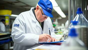 científico escritura en un portapapeles en un laboratorio. ai generado. foto