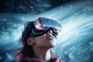 Young woman wearing virtual reality goggles against starry sky and nebula. AI Generated. photo