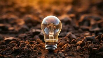 Light bulb on soil background with copy space. Energy saving concept. AI Generated. photo