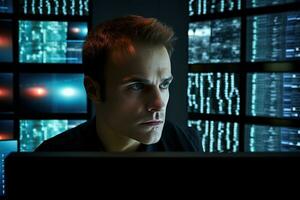 Portrait of a young man in front of a computer monitor. AI Generated. photo