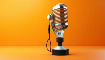 Retro microphone on orange background. AI Generated. photo