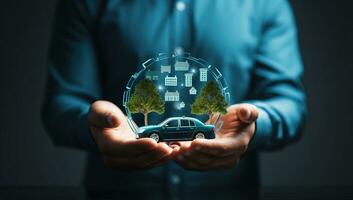 Businessman holding a car in his hands. The concept of eco-friendly transport. AI Generated. photo