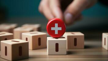 Wooden blocks with red cross on top. Conceptual image for healthcare and medicine. AI Generated. photo