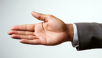 Close up of businessman's hand gesturing against white background with shadow. AI Generated. photo