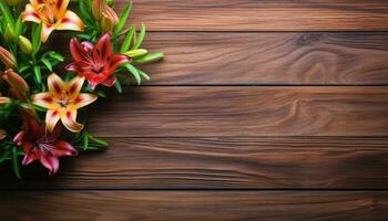 Beautiful lily flowers on wooden table. Top view with copy space. AI Generated. photo