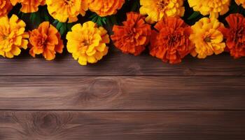 Marigold flowers on wooden background. Top view with copy space. AI Generated. photo