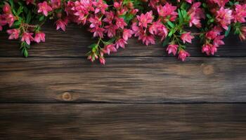 Pink azalea flowers on rustic wooden background with copy space. AI Generated. photo