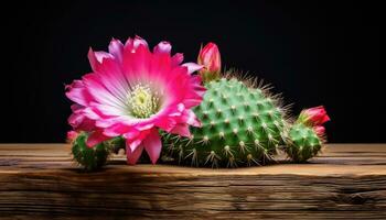 Cactus with pink flowers on a wooden table against a black background. AI Generated. photo