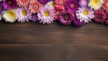 Beautiful colorful chrysanthemum flowers on brown wooden background. AI Generated. photo