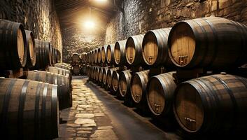 Wine barrels in the cellar of the winery. AI Generated. photo