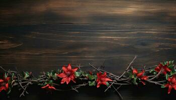 Christmas background with red poinsettia flowers on dark wooden board. AI Generated. photo