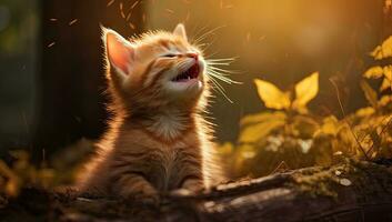 Cute little red kitten sitting in the autumn garden and yawning. AI Generated. photo