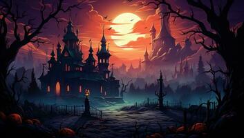 Halloween background with spooky castle and moon. AI Generated. photo