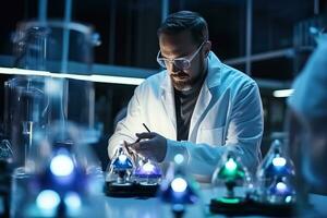 Serious male scientist looking at test tube while working in the laboratory. AI Generated. photo