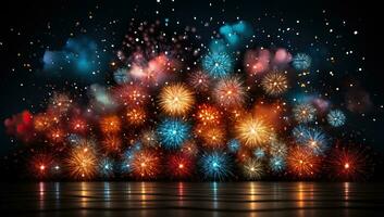 Colorful fireworks with bokeh lights on dark sky background. AI Generated. photo