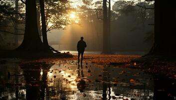 hombre caminando en un charco en el otoño bosque a puesta de sol. ai generado. foto