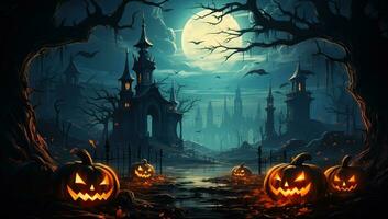 Halloween background with pumpkins, spooky castle and dark forest. AI Generated. photo