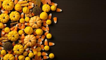 Halloween background with pumpkins wooden table, top view. AI Generated. photo