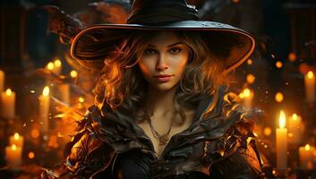 Beautiful witch in a black hat with a magic wand. Halloween concept. AI Generated. photo