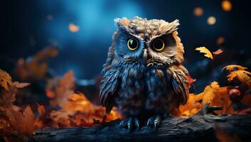 Owl sitting on a branch in the autumn forest. AI Generated. photo