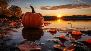 Pumpkin on the lake at sunset. Autumn landscape with pumpkin. AI Generated. photo